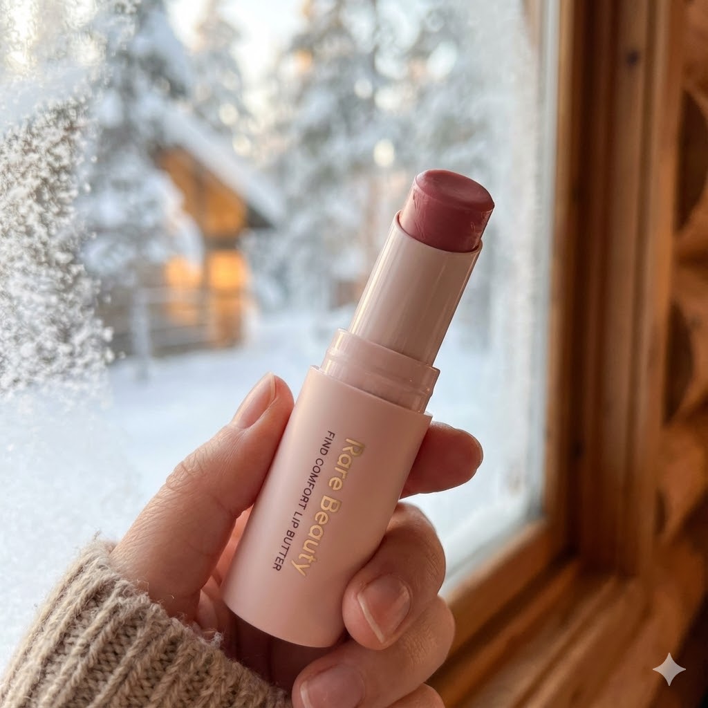 Hand holding the Rare Beauty Find Comfort Lip Butter tube with soft natural lighting.