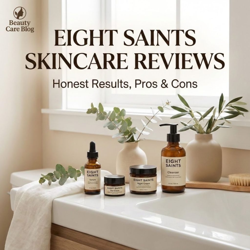 Eight Saints Skincare reviews showing clean beauty products, including eye cream, vitamin C serum, and night cream on a minimal vanity setup.