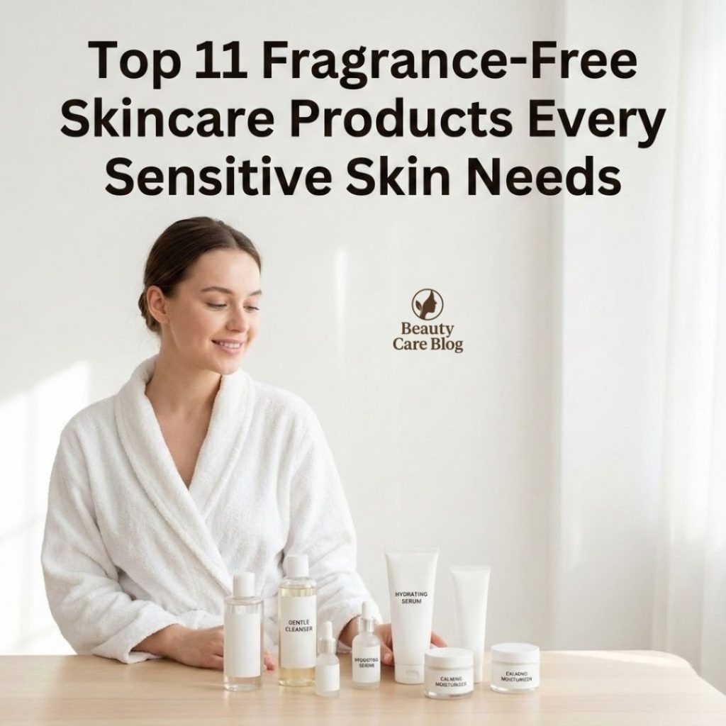 A young woman with sensitive skin standing beside fragrance-free skincare products on a clean white background.