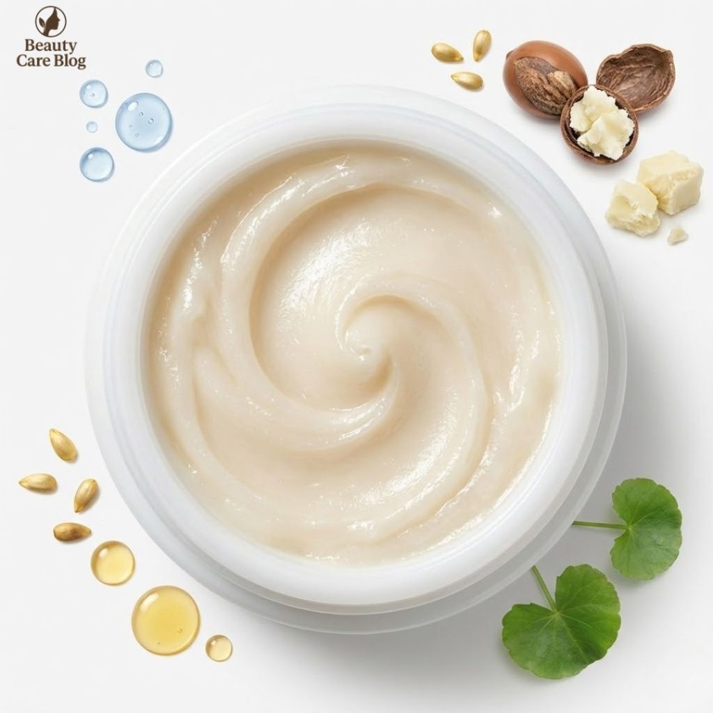 Macro image of Rare Beauty Lip Butter texture with ingredient icons for shea butter, hyaluronic acid, apple seed oil, and centella asiatica.