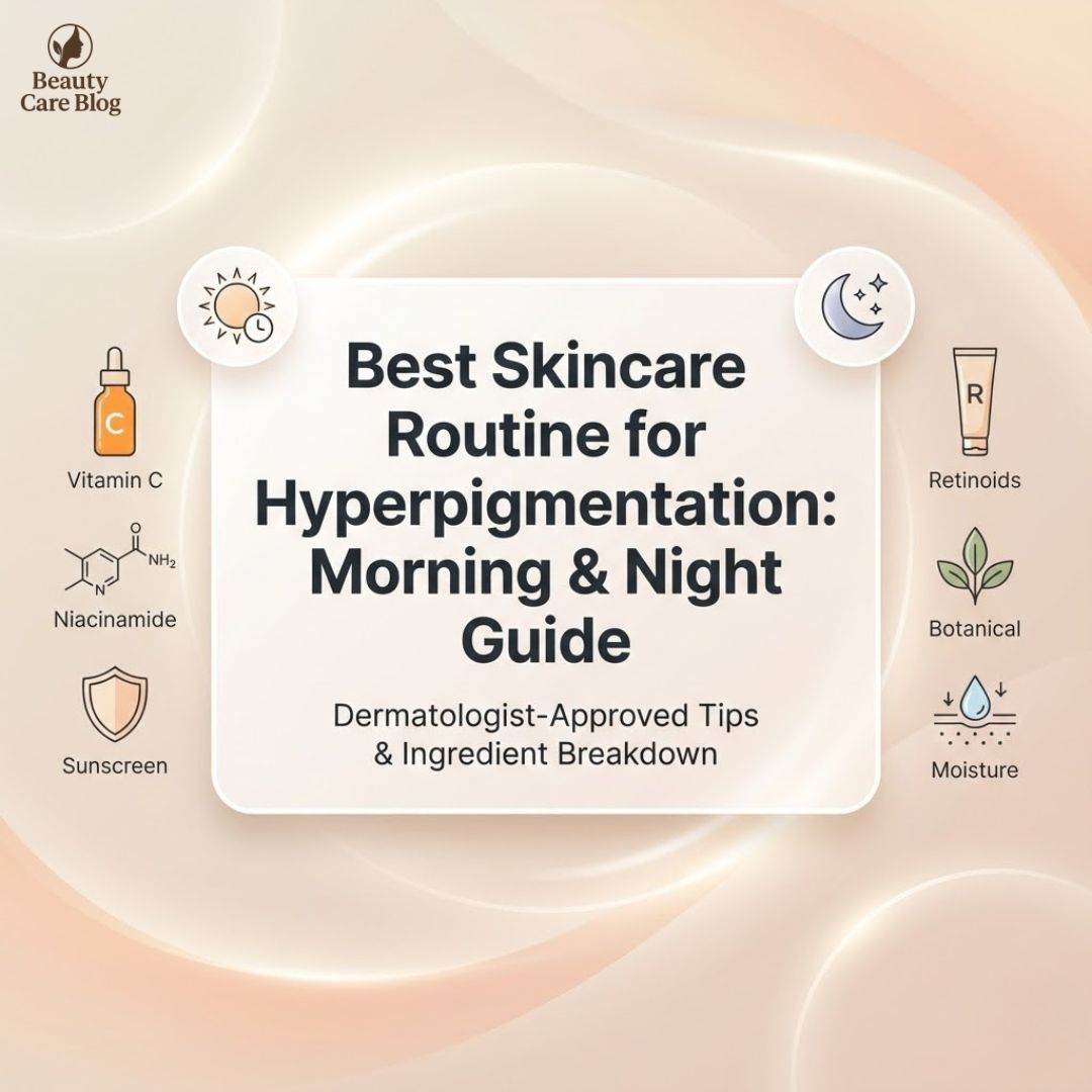 Informative featured image showing the title ‘Best Skincare Routine for Hyperpigmentation: Morning & Night Guide’ with soft illustrations of skincare ingredients like vitamin C, niacinamide, sunscreen, and retinoids.