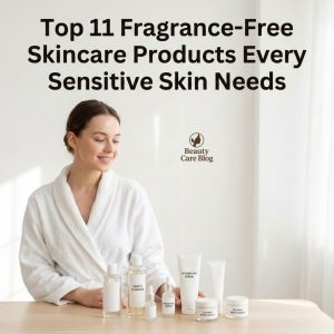 A young woman with sensitive skin standing beside fragrance-free skincare products on a clean white background.