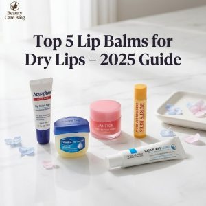 Flat-lay image of five popular lip balms for dry lips arranged on a white marble background.