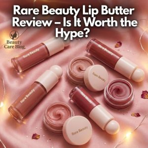 Flat-lay of Rare Beauty Find Comfort Lip Butter tubes on a pink satin fabric with soft glam lighting.